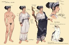 three women in ancient greek dress with cats and a cat on the other side of them