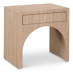 a small wooden table with an arch at the bottom and one drawer on each side