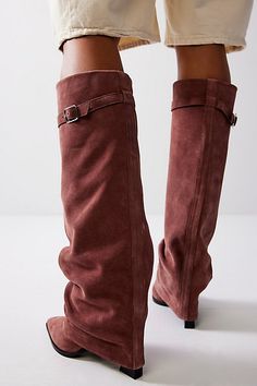 Stand out in these statement suede foldover boots, complete with flared overlays and buckle details for a pair that brings the drama. **Features:** Knee-high length, pull-on style, suede fabrication, slouchy flared overlay, buckle accent, pointed toe, chunky block heel **Why We | Felicity Foldover Boots by FP Collection at Free People in Brown, Size: US 8 Foldover Boots, Free People Boots, Slouchy Boots, Chunky Block Heels, The Drama, Black Suede, Knee High, Block Heels, Free People