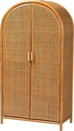 a wooden cabinet with two doors and wicker panels on the front, one door open