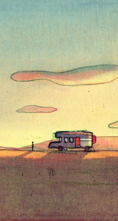 a drawing of a person standing next to a trailer in the middle of a field