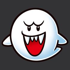 a white ghost with red eyes and mouth wide open on a black background, it appears to be smiling