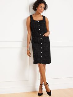 Our always-flattering shift dress. Made with an elegant tweed finish with sparkling metallic threads. Features easy button front closures. Sleeveless design looks fabulous under your favorite coat or jacket. Features Shift Dress Jewel Neck Sleeveless Hidden back zip closure Hits Above Knee Imported Fit: Misses: 37 1/2"; Petite: 36"; Plus: 41" Material: Shell : 83% Polyester, 11% Wool, 1% Metallic, 5% Other Fibers; Lining : 100% Polyester Care: Cover Button With Foil; Dry Clean | Metallic Texture Knee-length Tweed Dress With Button Closure, Elegant Knee-length Tweed Dress With Button Closure, Elegant Sleeveless Tweed Dress With Buttons, Chic Knee-length Tweed Dress With Button Closure, Metallic Texture, Tweed Dress, Jewel Neck, Metallic Thread, Above Knee