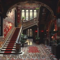 an ornately decorated foyer with red carpet and stairs