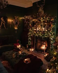 a living room decorated for christmas with candles