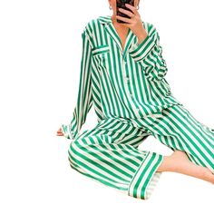 Red and Green Striped Satin Christmas Pajamas Striped Long Sleeve Sleepwear For Summer, Striped Pajamas, Stylish Pajamas, Button Up Pajamas, Girly Christmas, Womens Christmas Pajamas, Satin Button Up, Satin Long Sleeve, Top And Pants Set