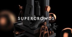 the words supercrows are surrounded by black and gold objects, such as vases