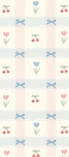 a pink and blue wallpaper with flowers on the bottom, two hearts in the middle