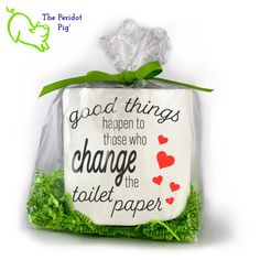 Toilet paper is still a thing and we're sure they'll appreciate an extra roll reminding them that it's not a crime to change the roll when it's done! Style A shown. Funny House Warming Gift, Homemade Gag Gifts, Funny House, Housewarming Gift Baskets, White Elephant Party, Grinch Party, Elephant Party, Crinkle Paper, Peridot Green