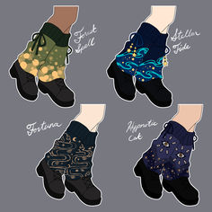 four pairs of socks with different designs on them