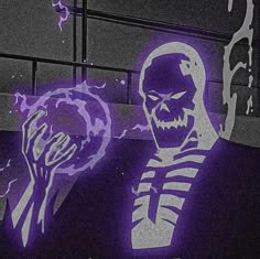 a drawing of a skeleton holding a purple light