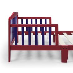 a red wooden bed frame with blue slats on the top and bottom rails, against a white background