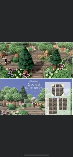 the game's screens are showing different scenes, including trees and bushes with flowers on them