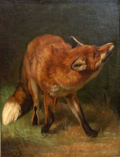 a painting of a red fox standing in the grass