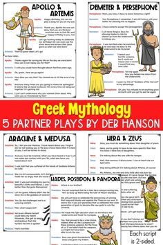 the greek mythology worksheet with four different types of characters and their meaningss