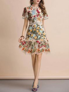 Spring A-line Floral Cocktail Dress, Chic Floral Embroidered Midi Dress For Garden Party, Chic Midi Dress With Floral Embroidery For Garden Party, Spring V-neck Dress With Multicolor Embroidery, Elegant Embroidered Summer Dress, Midi Length, Elegant Floral Embroidery Lace Dress For Summer, Elegant Summer Embroidered Midi Dress, Elegant Summer Lace Dress With Floral Embroidery, Knee-length Floral Print Mini Dress