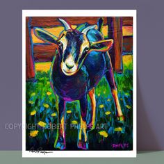 a painting of a goat standing in the grass near a wooden fence with yellow flowers