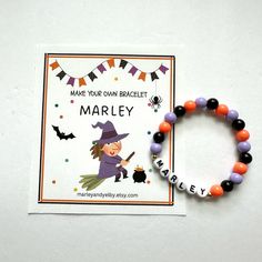 a bracelet that says make your own bracelet with a witch on it and a halloween card