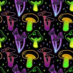 colorful mushrooms and stars on a black background with green, yellow, purple, and blue colors