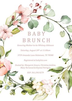 the baby shower is decorated with pink flowers and greenery