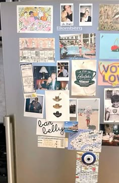 a refrigerator covered in magnets and pictures