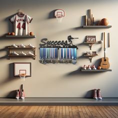 there are many sports related items on the wall in this room, including shoes and basketballs