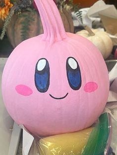 Pink Punkin Ideas, Unique Pumpkins Painting, Paint Pumkins Ideas Cute, Pumpkin Painting Ideas Easy Pink, Cute Pumpkin Painting Ideas For Kids, Pumpkin Carving Ideas Easy Disney, Yoshi Pumpkin Painting, Simple Cute Pumpkin Painting, Toad Pumpkin Painting