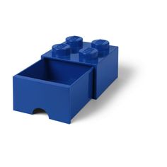 a blue lego storage box with three small blocks in the bottom and one large block at the top