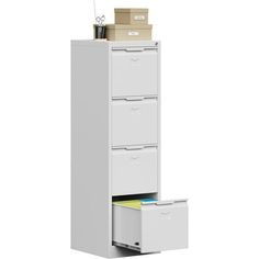 an office filing cabinet with three drawers and file folders on the bottom shelf, against a white background