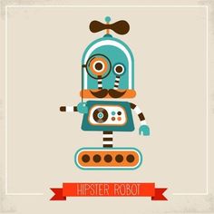 a robot with a bow tie and mustache on it's head is standing in front of a sign that says hipster robot