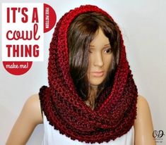 a mannequin head wearing a red knitted cowl scarf and white tank top