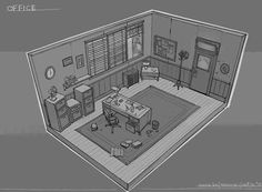 a drawing of a living room with furniture