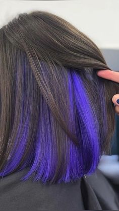 Pikaboo Hair Color Short Hair, Dark Hair With Bright Colors Underneath, Brunette Hair With Colour Underneath, Peekaboo Hair Color Blue And Purple, Hair With Colour Underneath, Purple Hair Color Ideas Underneath, Partial Hair Color Ideas, Fun Pop Of Color In Hair, Vivid Hair Color Underneath