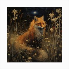 a painting of a fox sitting in tall grass