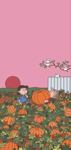 charlie brown and his pumpkins are in the grass with pink sky behind them,