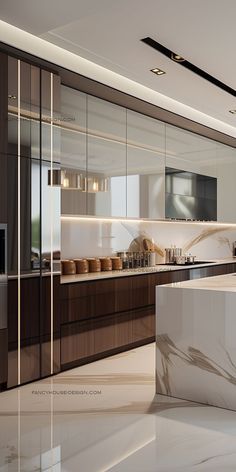 a modern kitchen with marble counter tops and cabinets