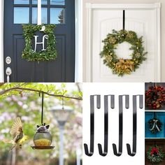 four different christmas wreaths hanging from the front door and on top of each other