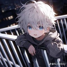 an anime character leaning on a railing