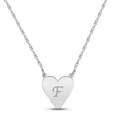 This lovely necklace features a sterling silver heart customized with your initial in a sophisticated script font. The pendant suspends from an 18-inch rope chain that secures with a spring ring clasp. Silver Initial Pendant Necklace With Heart Charm, Silver Heart Initial Necklace As Personalized Gift, Silver Heart Initial Necklace For Personalized Gift, Silver Heart Pendant Initial Necklace, Silver Heart Initial Necklace Perfect For Gifts, Classic Initials Heart Pendant Necklace, Silver Heart Necklace With Initial Pendant, Silver Engraved Heart Pendant Initial Necklace, Classic Heart Pendant Necklace With Initials