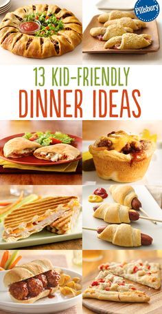 a collage of pictures with different types of food on them and the words, 13 kid - friendly dinner ideas