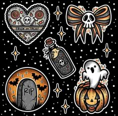 halloween stickers on a black background with pumpkins, ghost, and tombstones