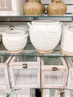 glass shelves with vases and jars on them