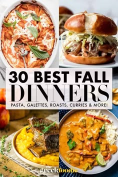 the cover of 30 best fall dinners, with images of different dishes and sides