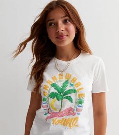 New Look KIDS ONLY White Unknowable Young Tiger Logo T-Shirt. KIDS ONLY. With its vibrant logo and soft cotton finish, this white logo T-shirt was made for sunny days. Team with denim shorts and sandals for all your summer adventures. 'Unknowable young' logo. Tiger and palm tree print. Crew neckline. Short sleeves. Soft cotton fabric. Regular fit. Logo Tiger, Tiger Logo, Kids Only, Girls Joggers, Girls Vest, Girls Crop Tops, Palm Tree Print, Girls Leggings, Summer Adventures