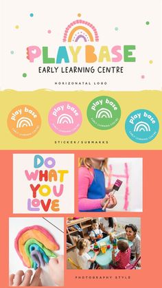 the playbase early learning centre flyer is shown with images of children and their toys