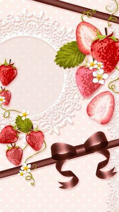 a card with strawberries and flowers on the side, ribbon in the middle for text