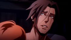 an animated image of a man with long hair and blue eyes looking at something in the distance