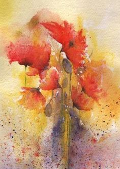 a painting of red flowers in a vase with watercolors on the paper behind it