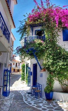 an alleyway with blue doors and flowers growing on the side of it, in front of a white building