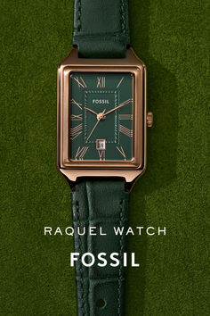 Our bestselling Raquel goes tonal. Now in viridian green with a croc-embossed strap & matching dial. Viridian Green, Fossil Watches, Rose Gold Watches, Trending Sunglasses, Classic Watches, Belt Accessories, Handbag Straps, Gift Card Shop, Favorite Things Gift